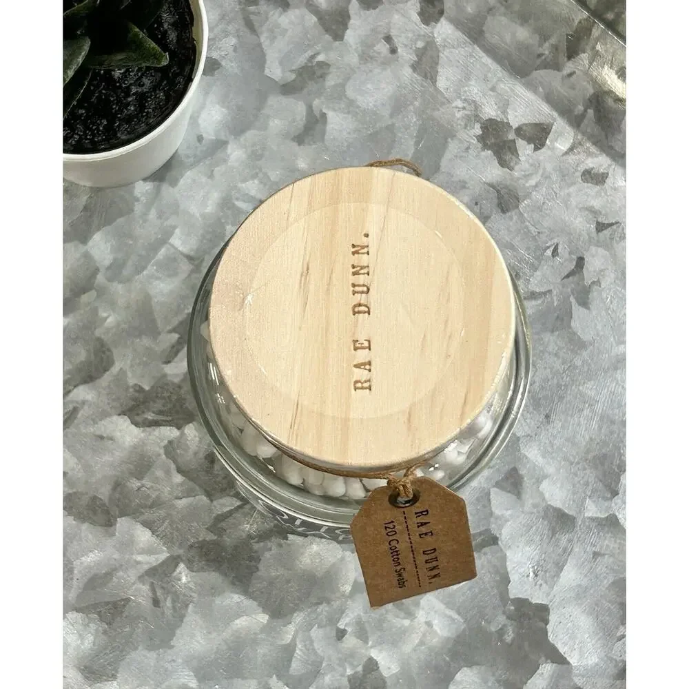 RAE DUNN Cotton Swabs Glass Jar w/ Wood Lid 120‎ Cotton Swabs Q-Tips Jar NEW